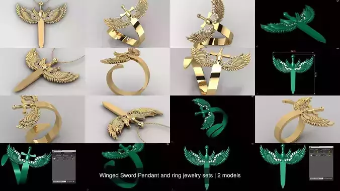 Winged Sword Pendant and ring jewelry sets
