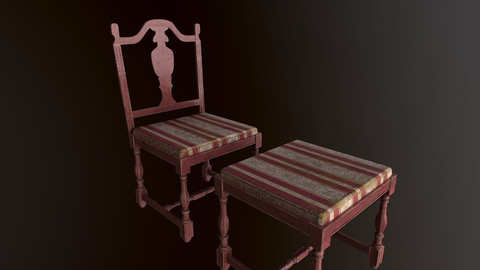 Old Wooden Stool Set - With and Whitout Backrest Low-poly 3D model_3
