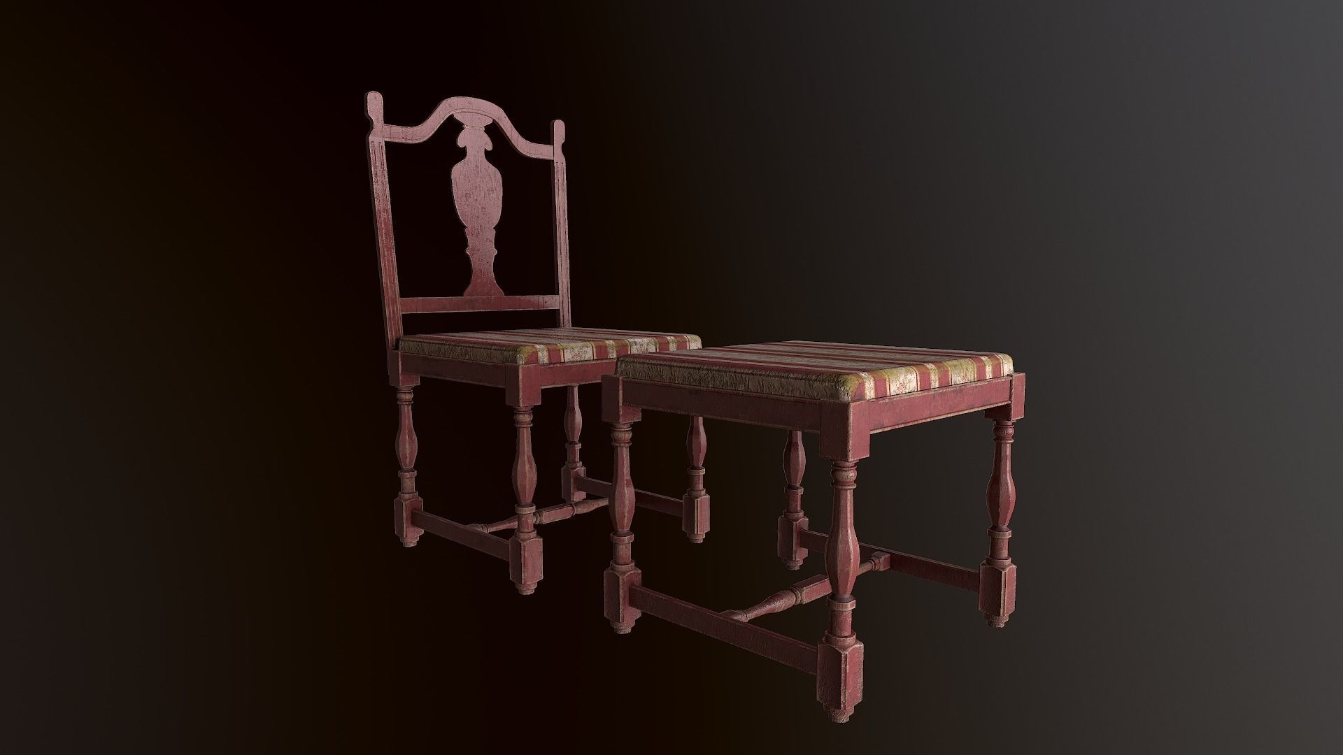 Old Wooden Stool Set - With and Whitout Backrest Low-poly 3D model_10