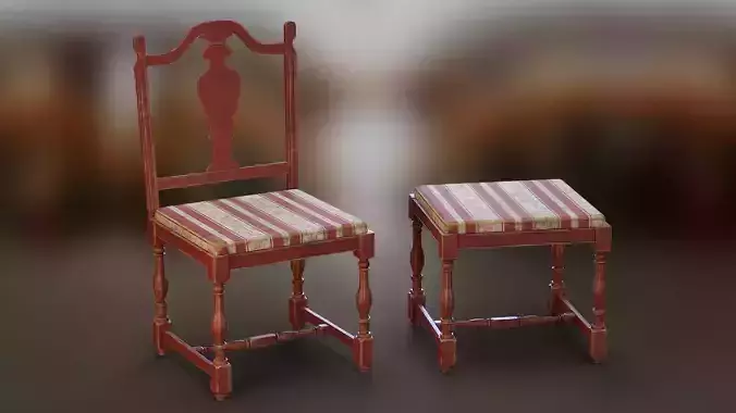 Old Wooden Stool Set - With and Whitout Backrest Low-poly 3D model