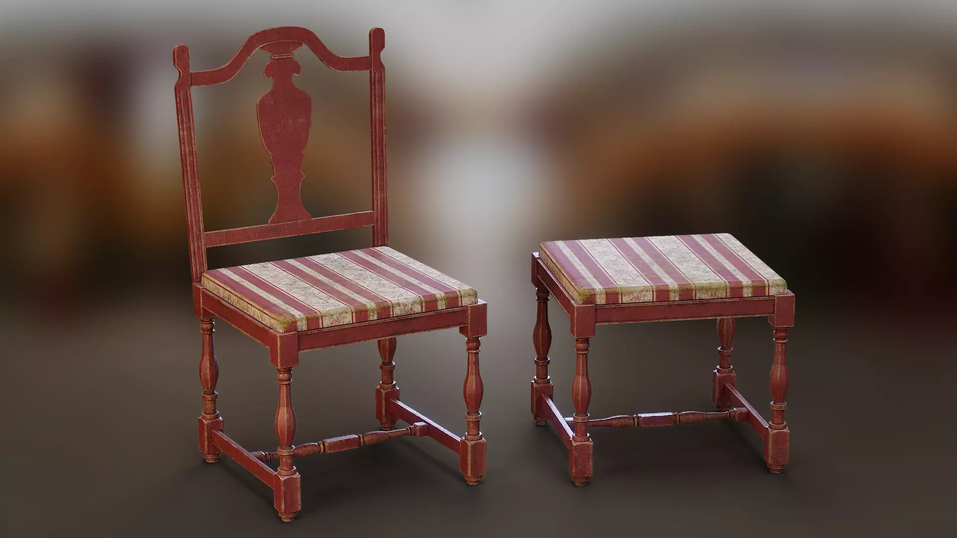 Old Wooden Stool Set - With and Whitout Backrest Low-poly 3D model_0