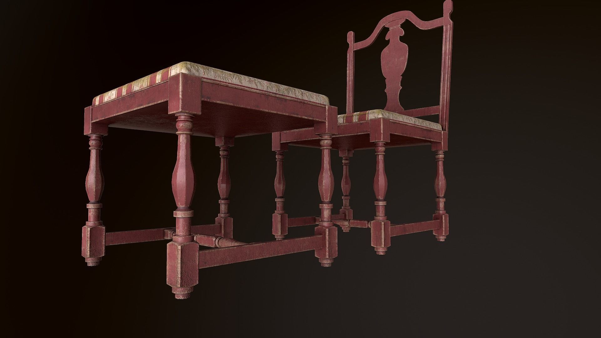 Old Wooden Stool Set - With and Whitout Backrest Low-poly 3D model_6