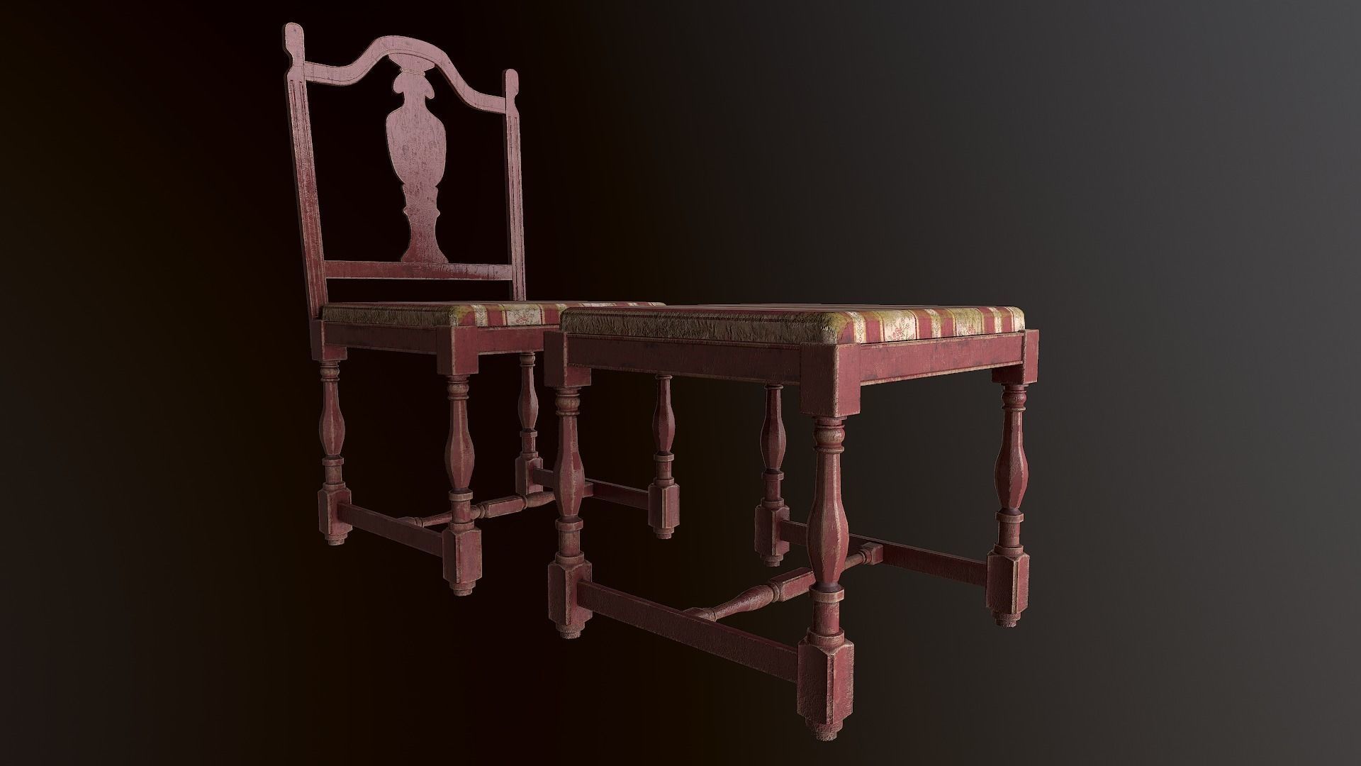Old Wooden Stool Set - With and Whitout Backrest Low-poly 3D model_8