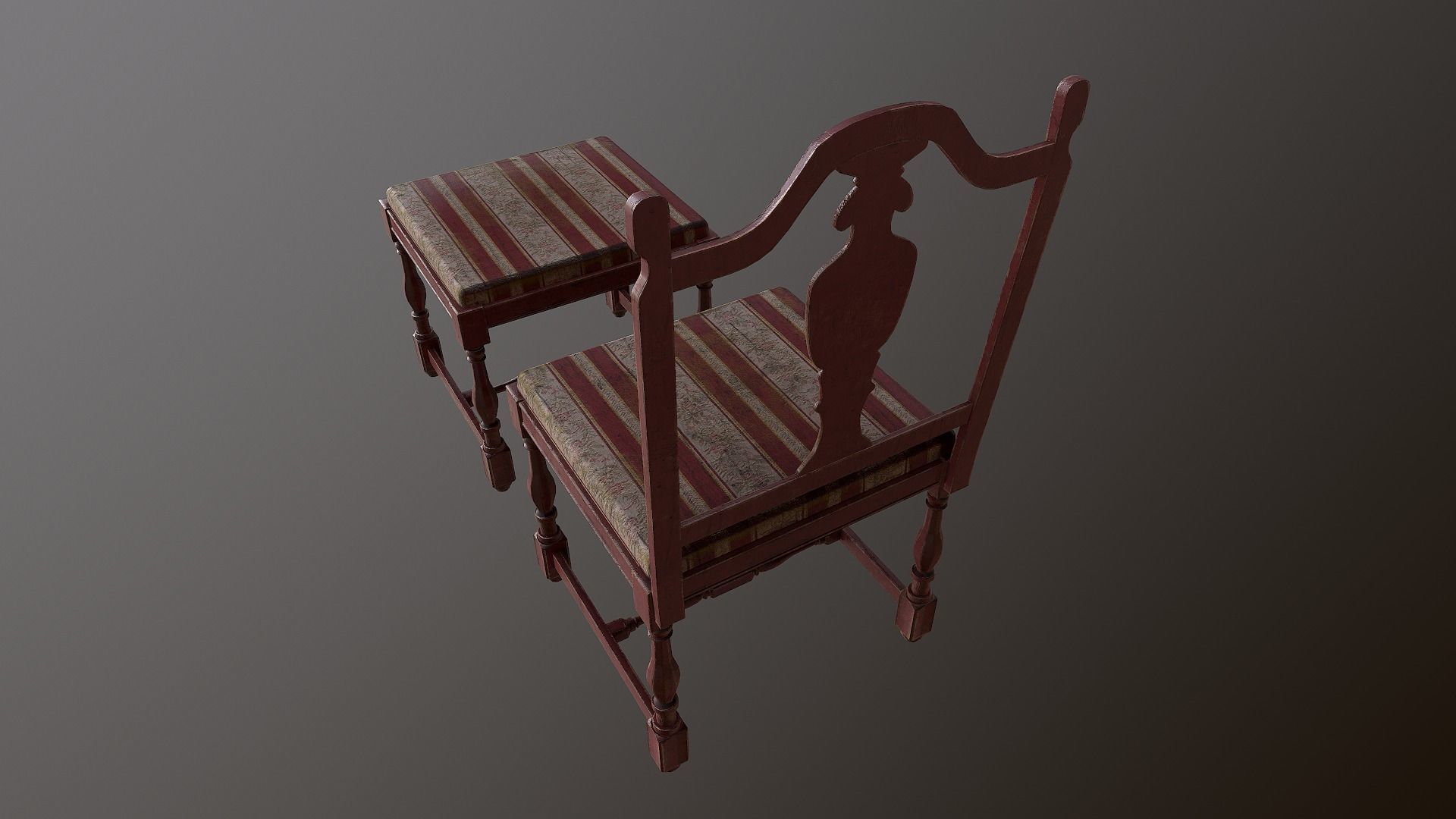 Old Wooden Stool Set - With and Whitout Backrest Low-poly 3D model_11