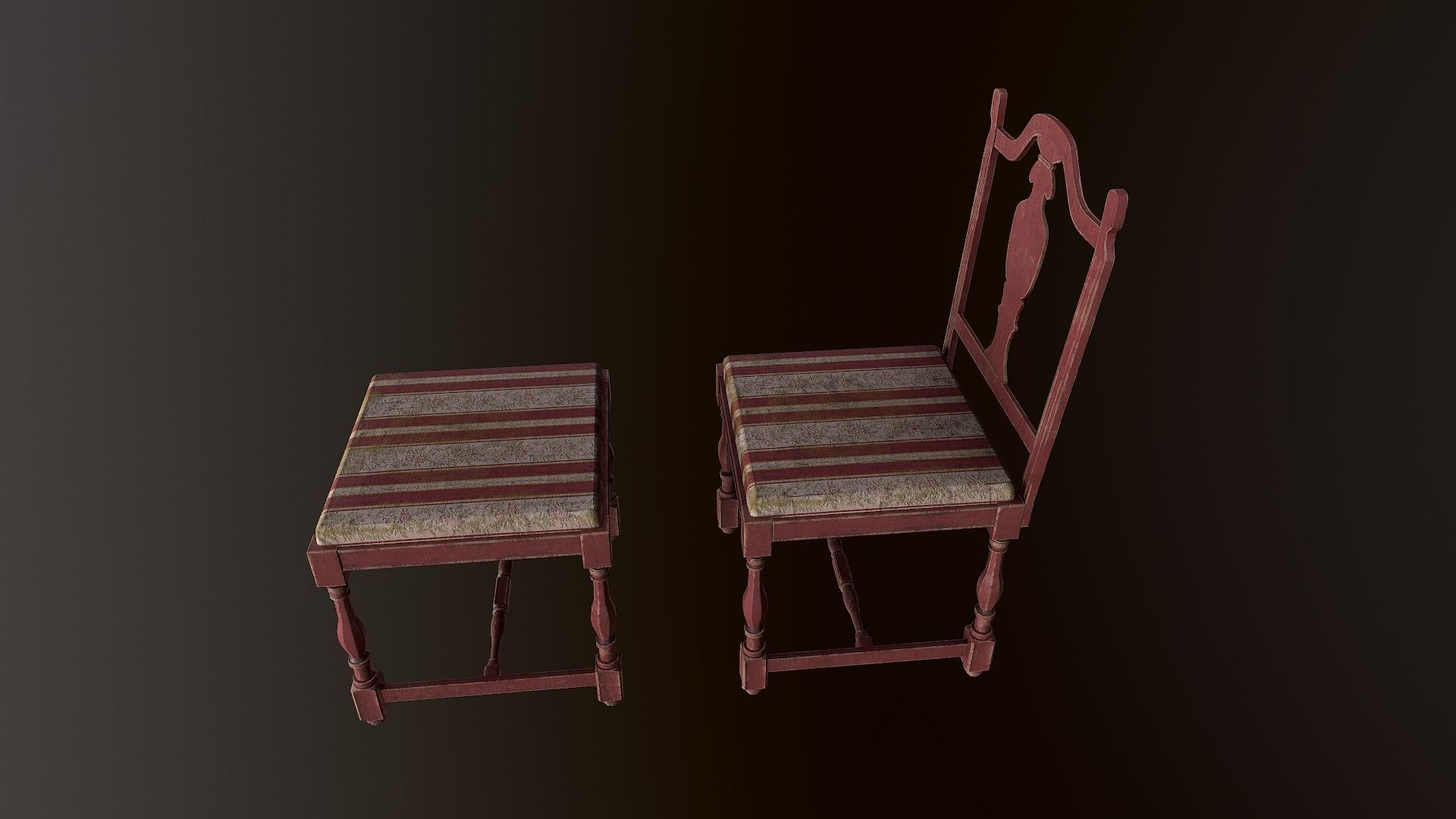 Old Wooden Stool Set - With and Whitout Backrest Low-poly 3D model_9