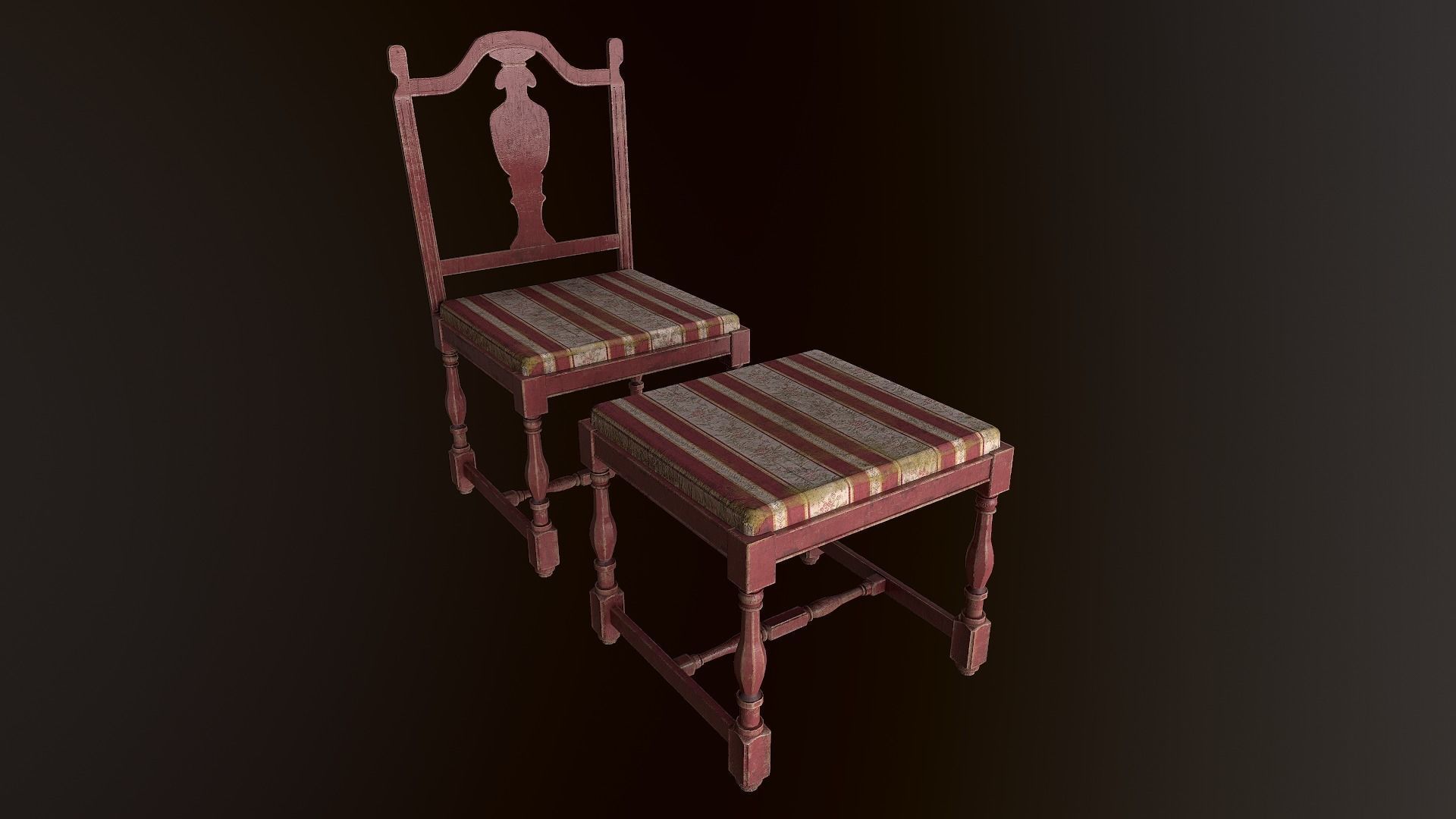 Old Wooden Stool Set - With and Whitout Backrest Low-poly 3D model_2