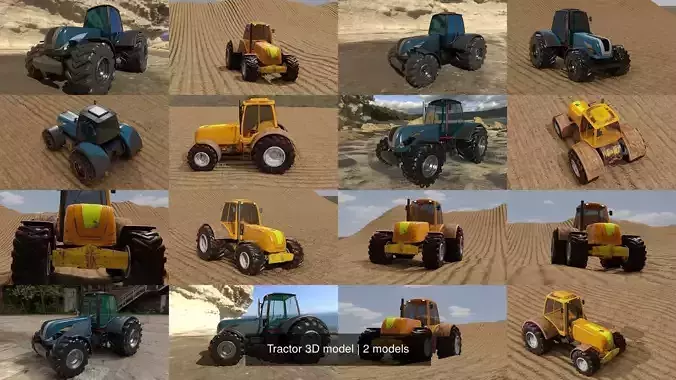 Tractor 3D model two tractors in field