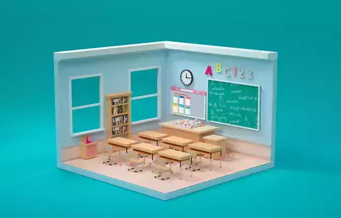 Teacher scene construction cartoon style teacher 3D model