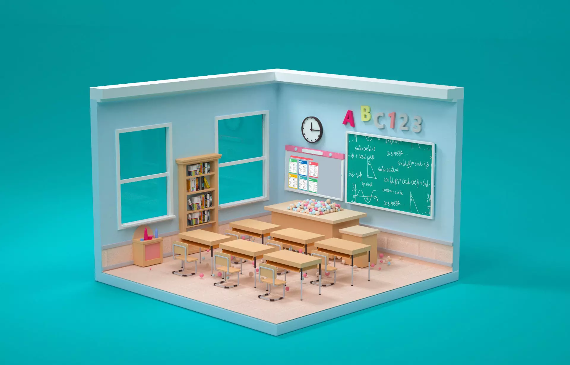 Teacher scene construction cartoon style teacher 3D model