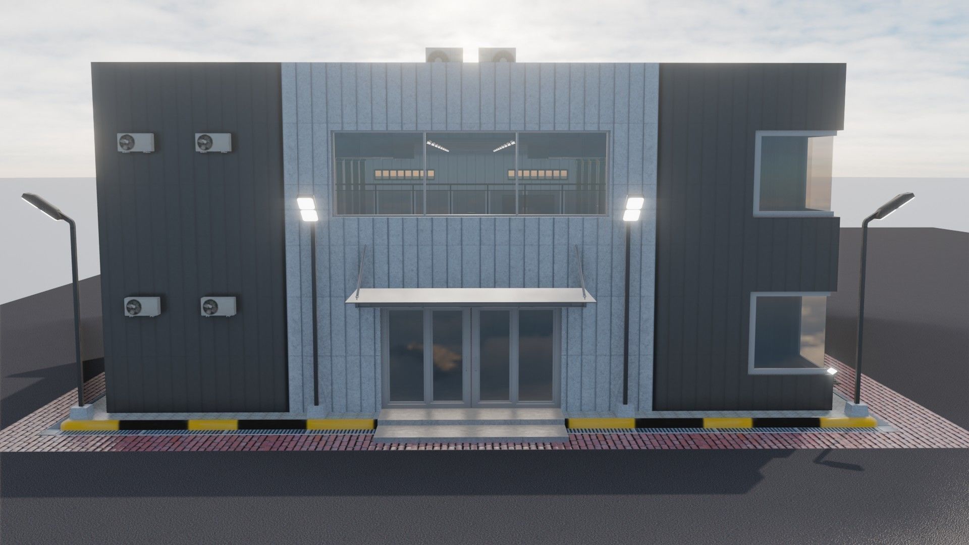 Warehause commercial building in middle of street 3D model_8