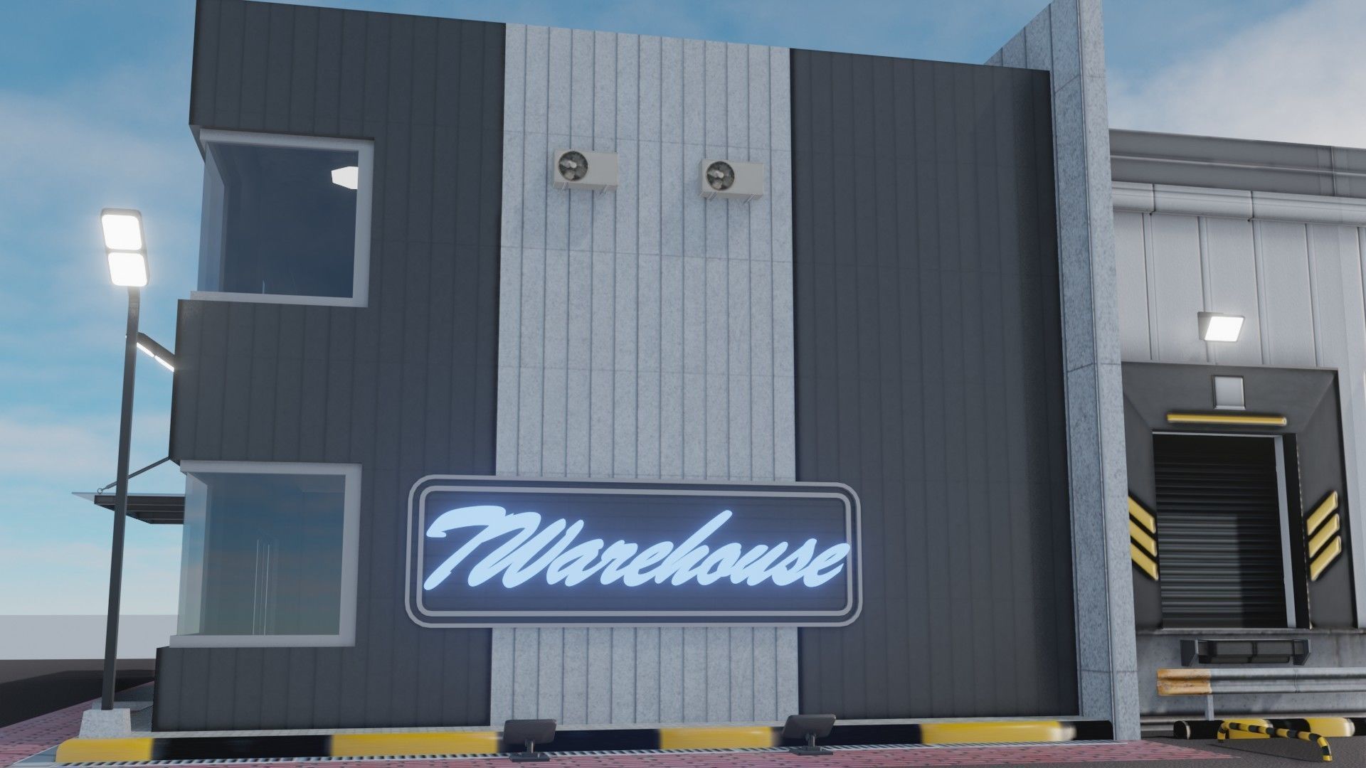Warehause commercial building in middle of street 3D model_9