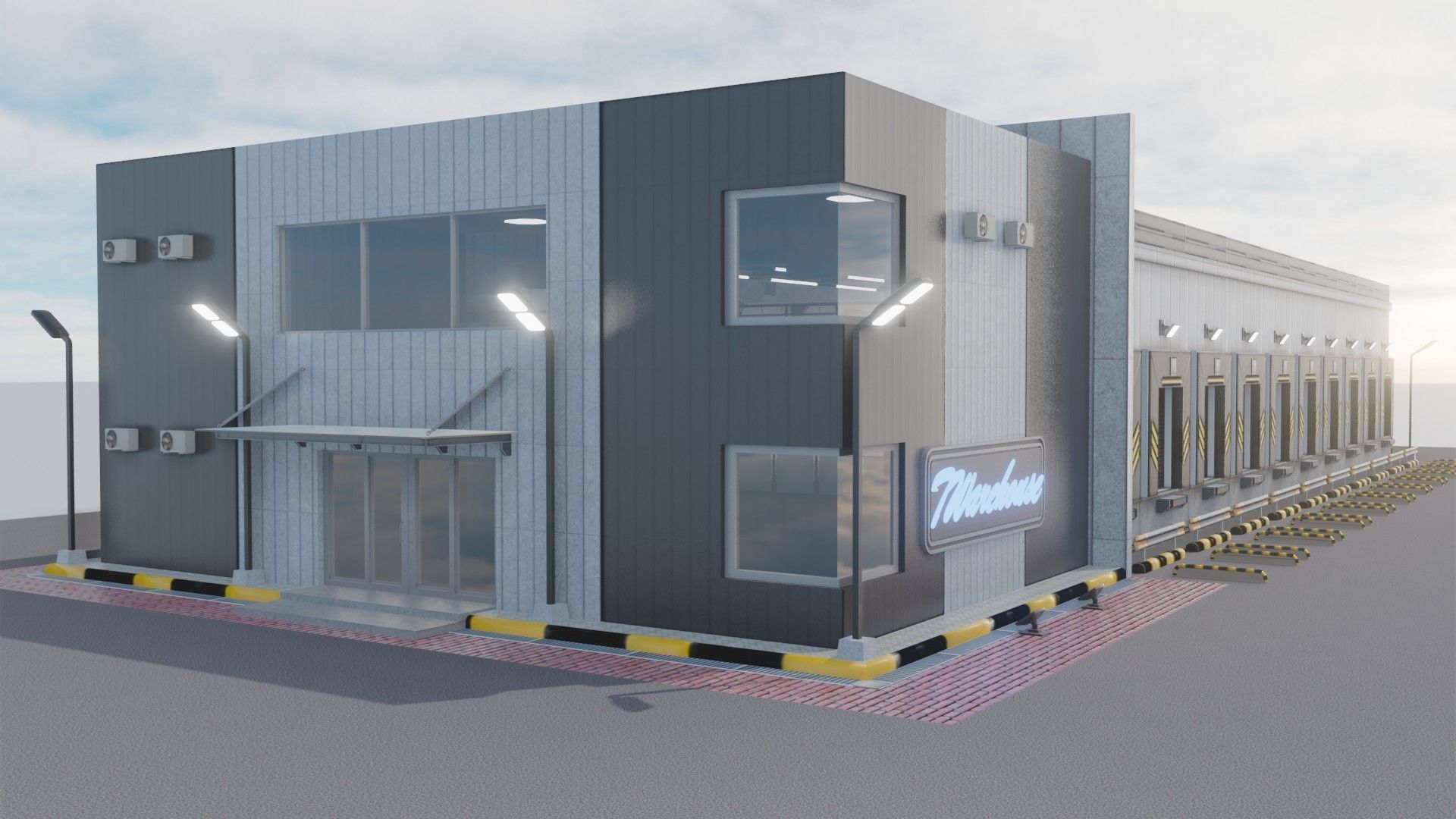Warehause commercial building in middle of street 3D model_2