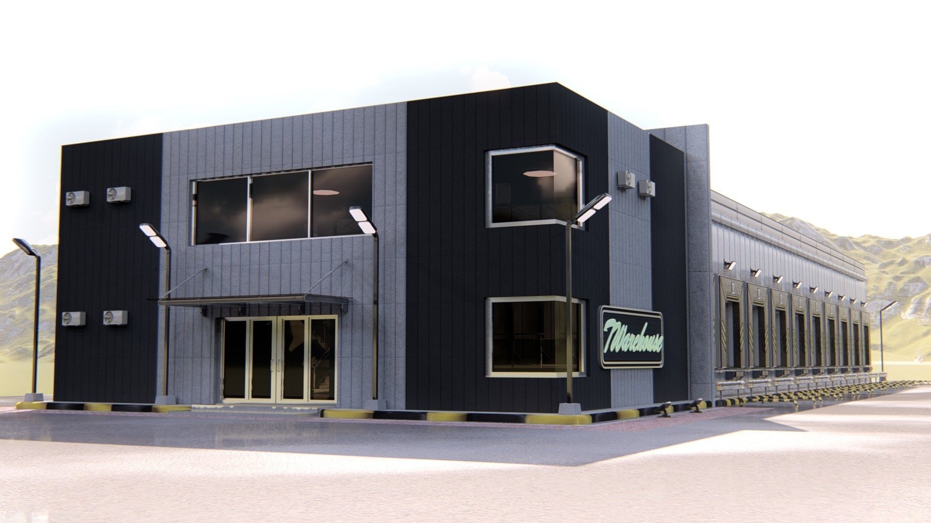 Warehause commercial building in middle of street 3D model_31