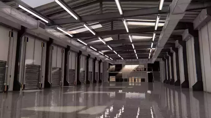 Warehause commercial building in middle of street 3D model