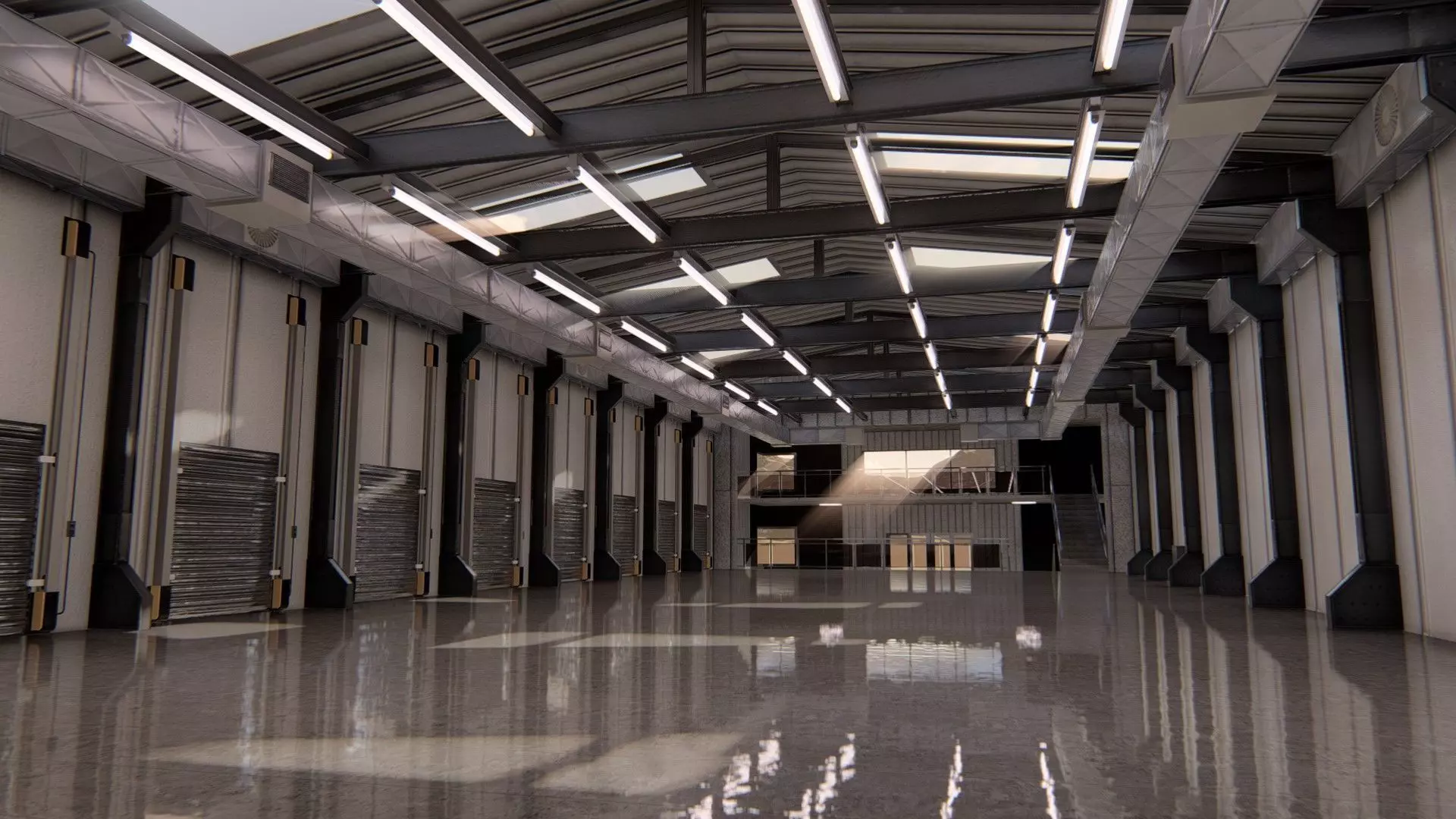 Warehause commercial building in middle of street 3D model_0