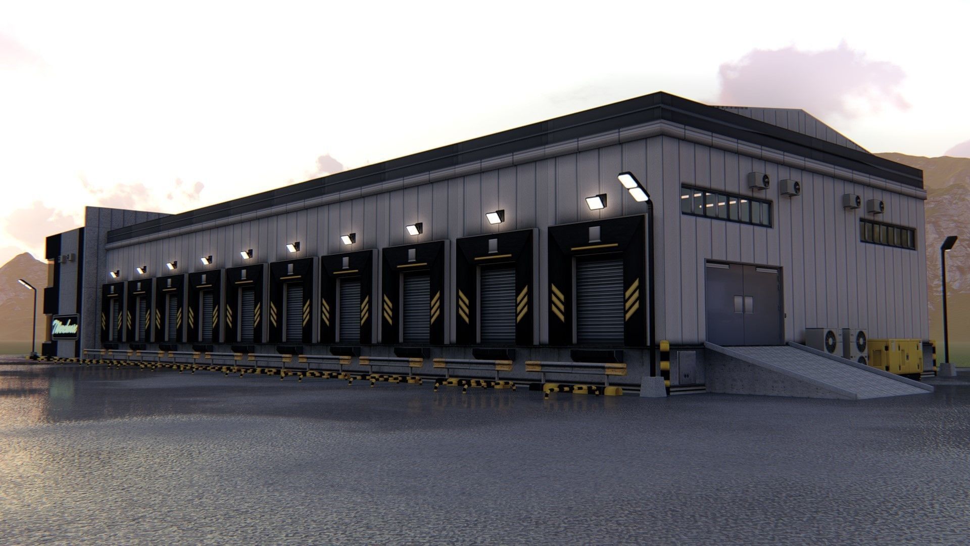 Warehause commercial building in middle of street 3D model_28