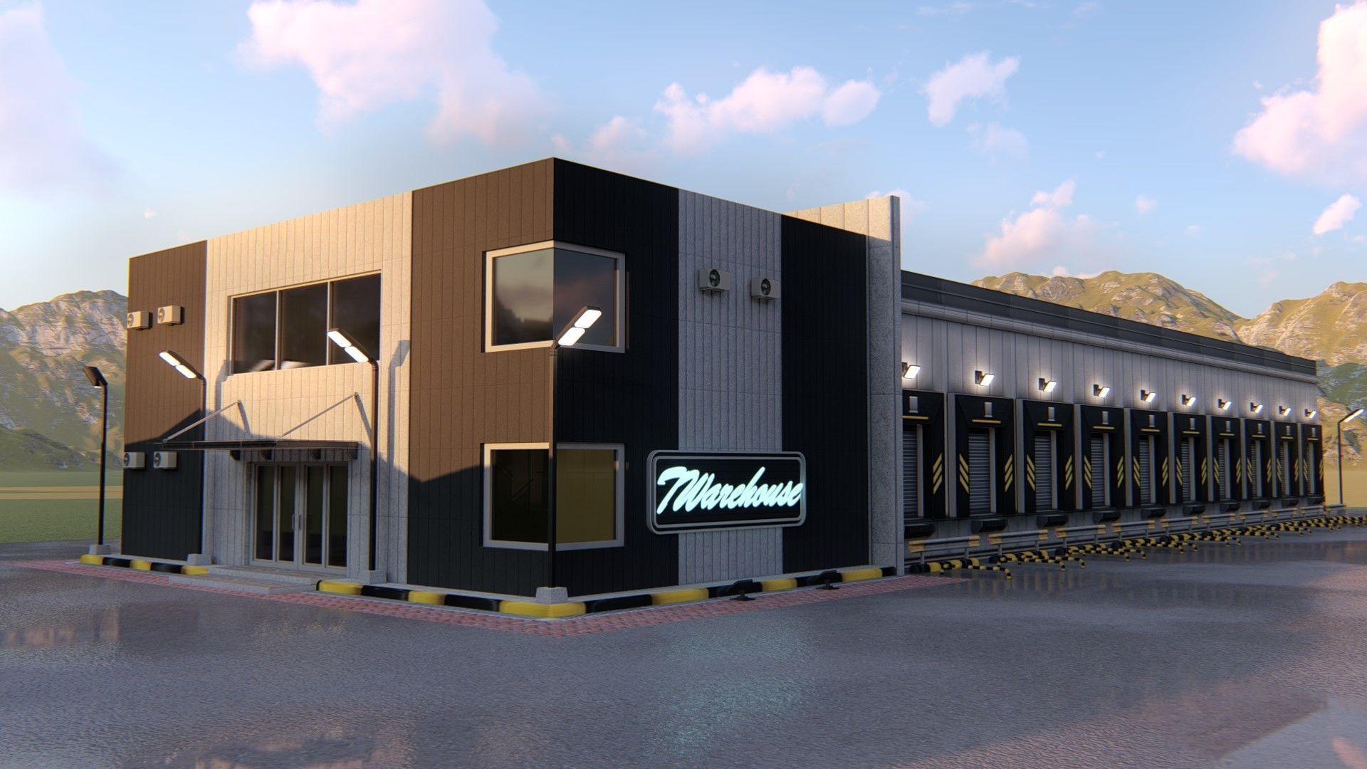 Warehause commercial building in middle of street 3D model_27
