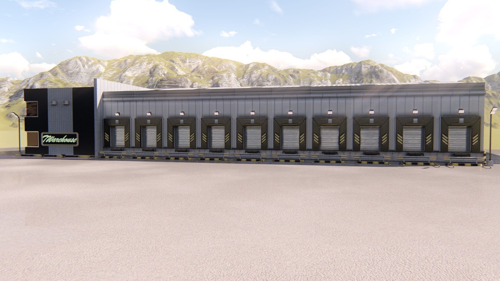 Warehause commercial building in middle of street 3D model_34