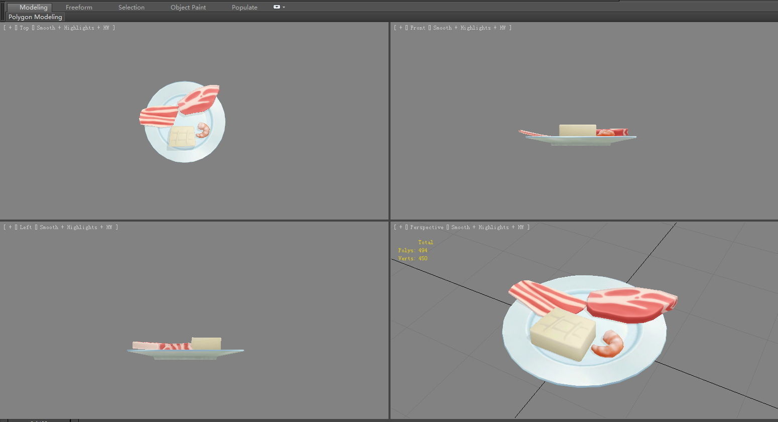 Cartoon bacon - meat - shrimp tail - tofu Low-poly 3D model_3
