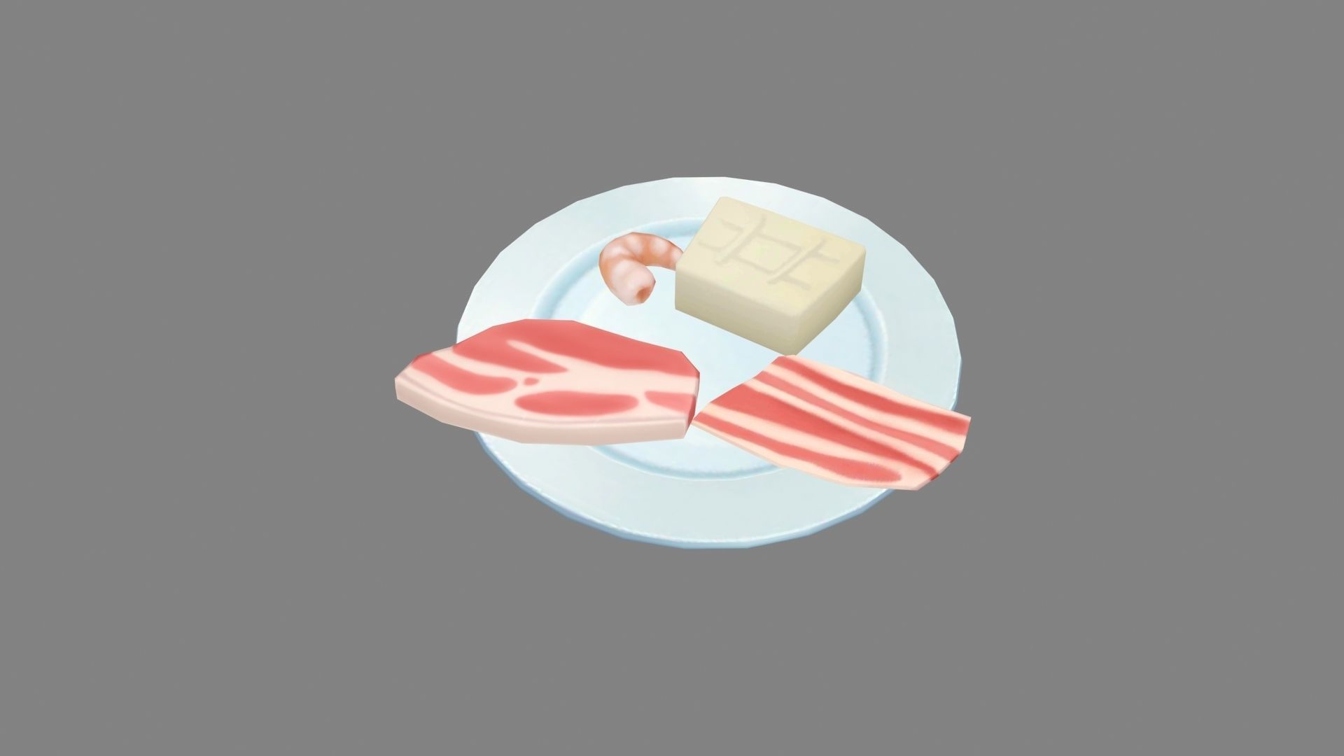 Cartoon bacon - meat - shrimp tail - tofu Low-poly 3D model_1