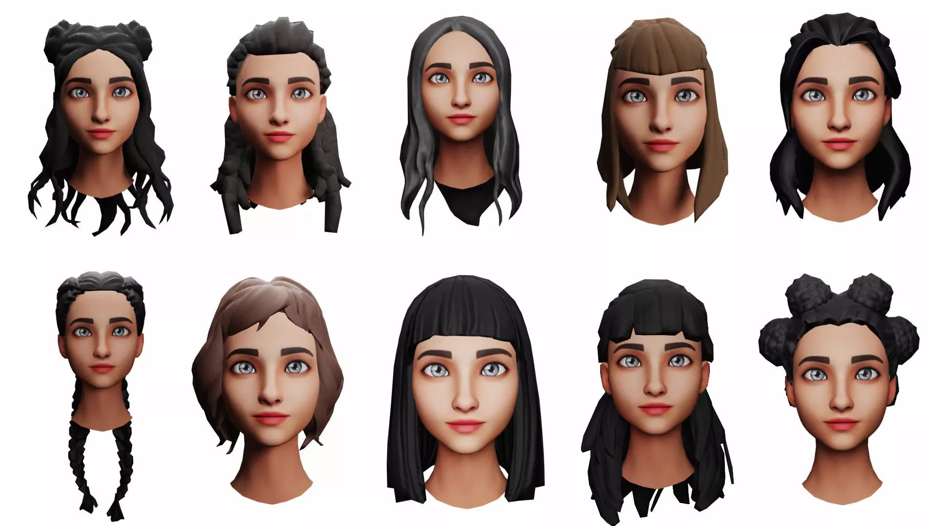 Girls Hairs Pack Low-poly 3D model_0