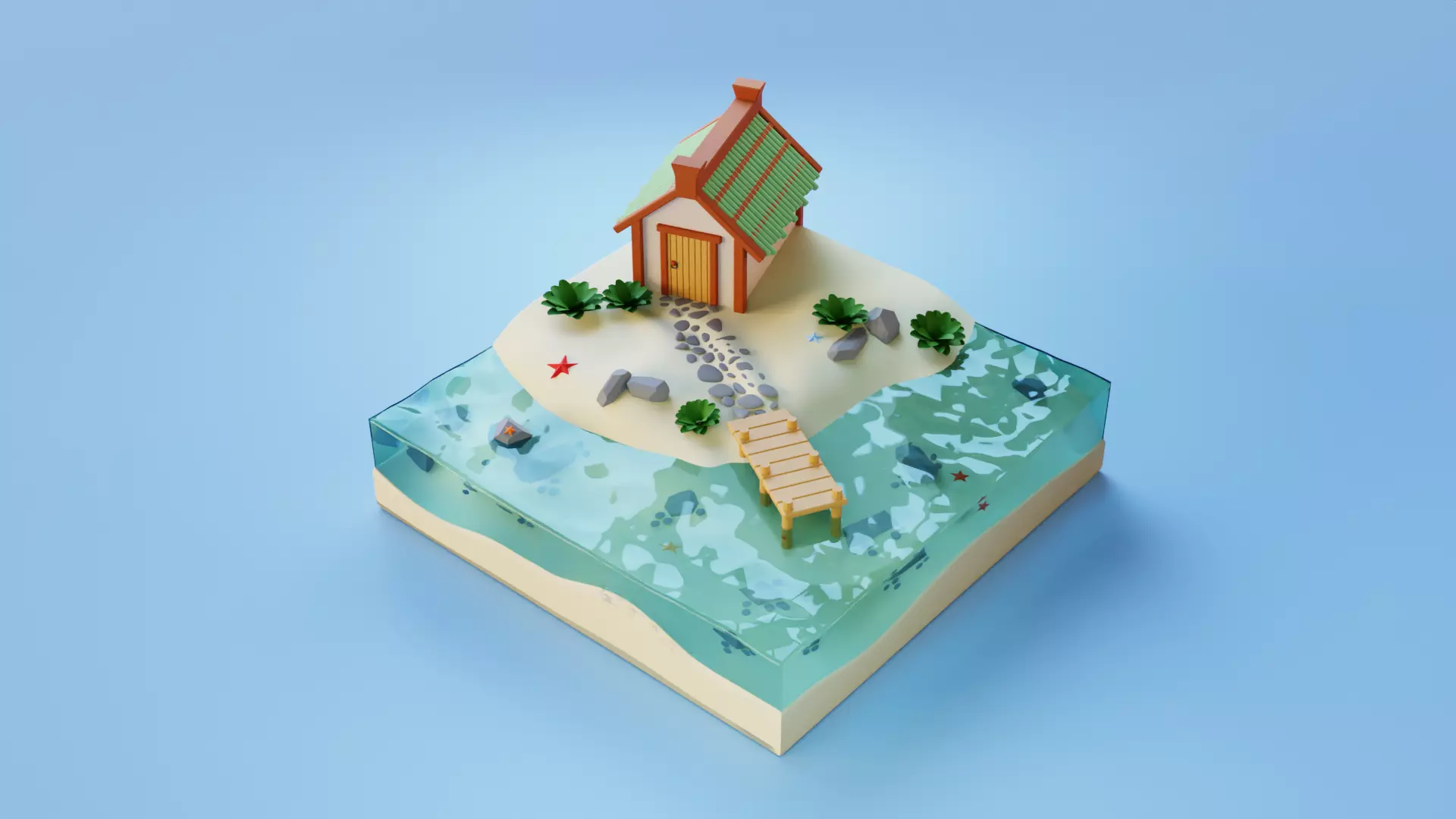 House on the island Low-poly 3D model_0