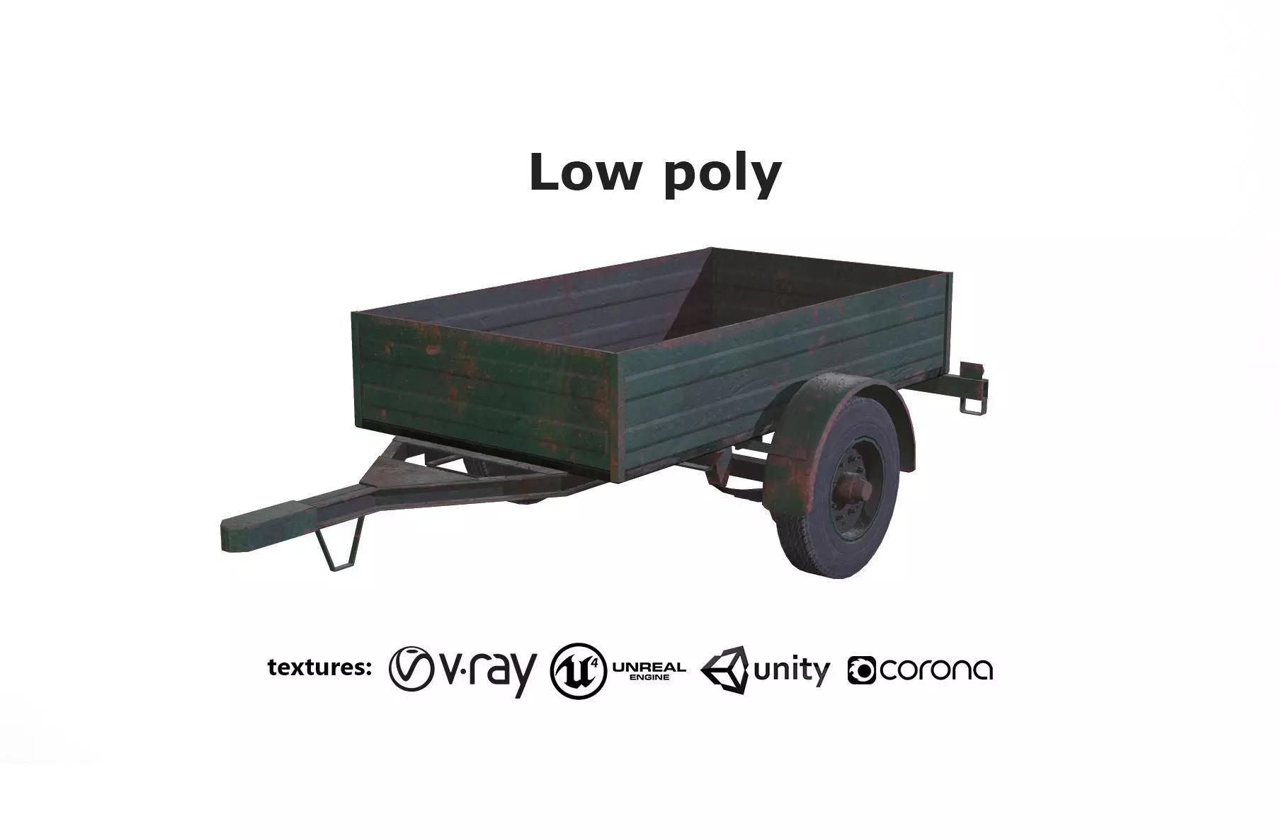 Trailer wooden wagon with wheels Low-poly 3D model_0