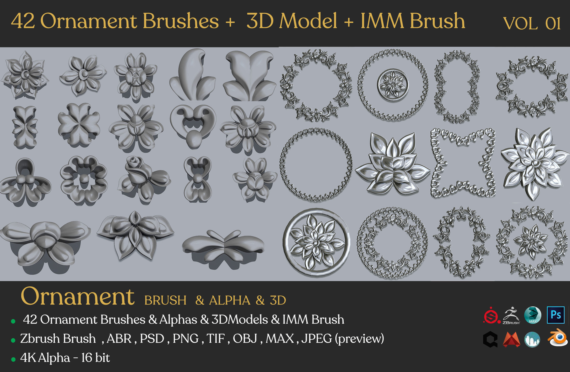 42 Ornament Brushes   3D Model   IMM Brush Vol 01 Low-poly 3D model_5