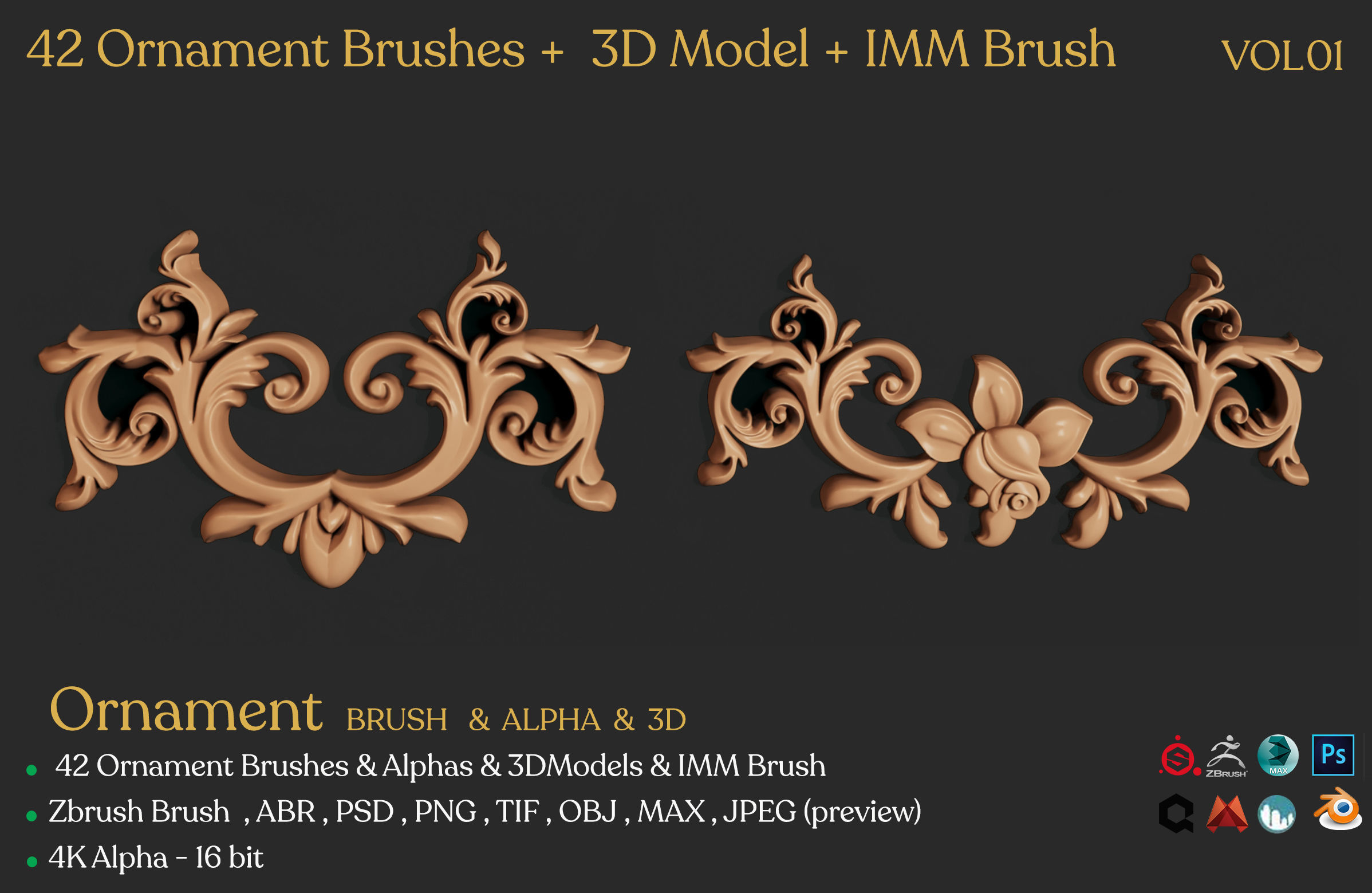 42 Ornament Brushes   3D Model   IMM Brush Vol 01 Low-poly 3D model_4