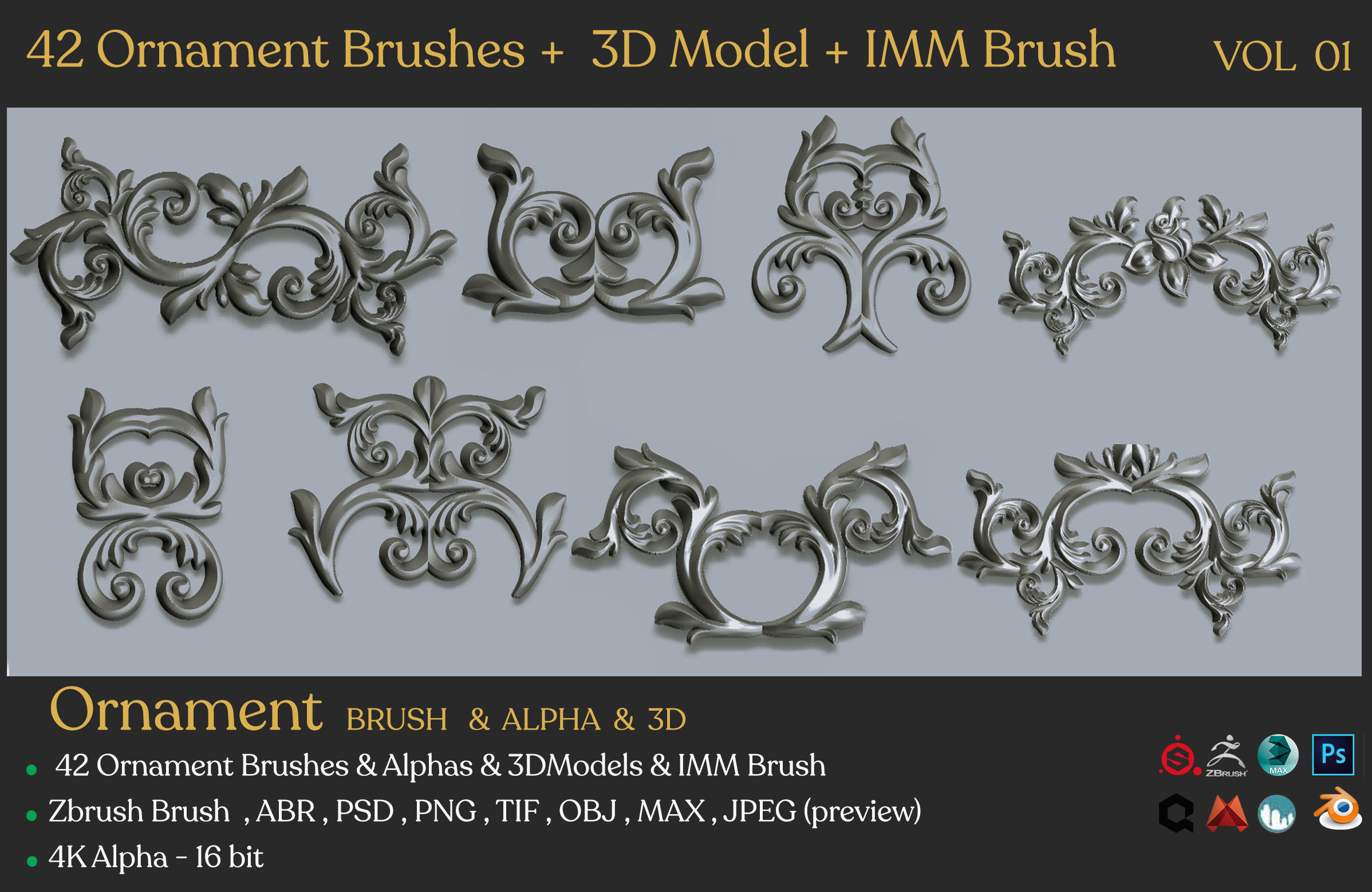 42 Ornament Brushes   3D Model   IMM Brush Vol 01 Low-poly 3D model_6