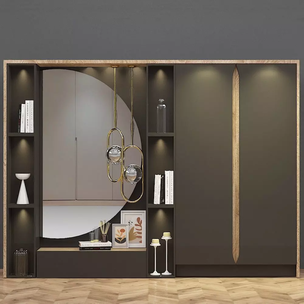 hallway modern wardrobe with mirror and bookshelf Free 3D model_0