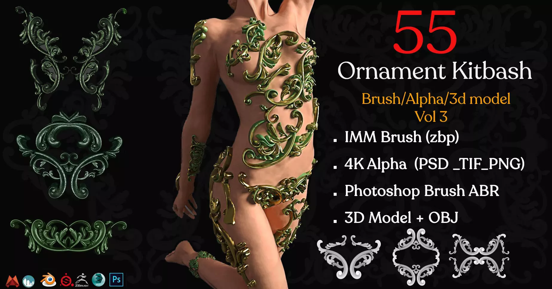 Ornament Brushes 3D Model IMM Brush Vol 03 Low-poly 3D model_0