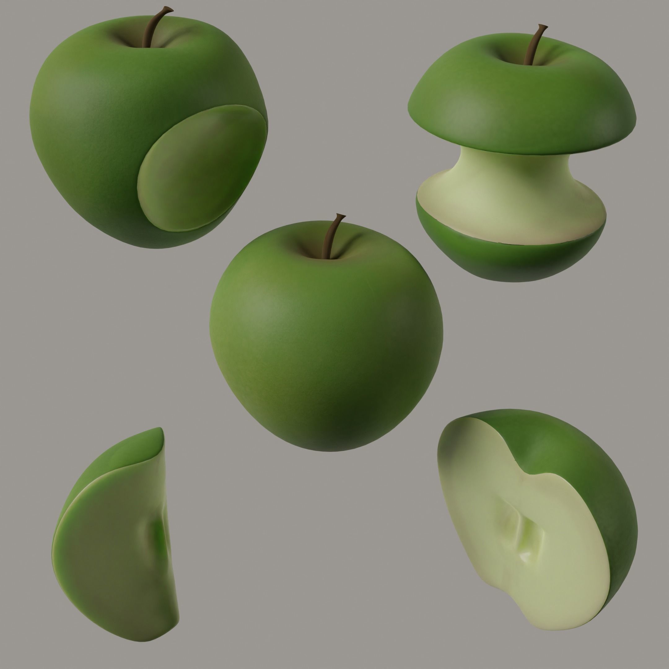 Green Apple Model Set Low-poly 3D model_2