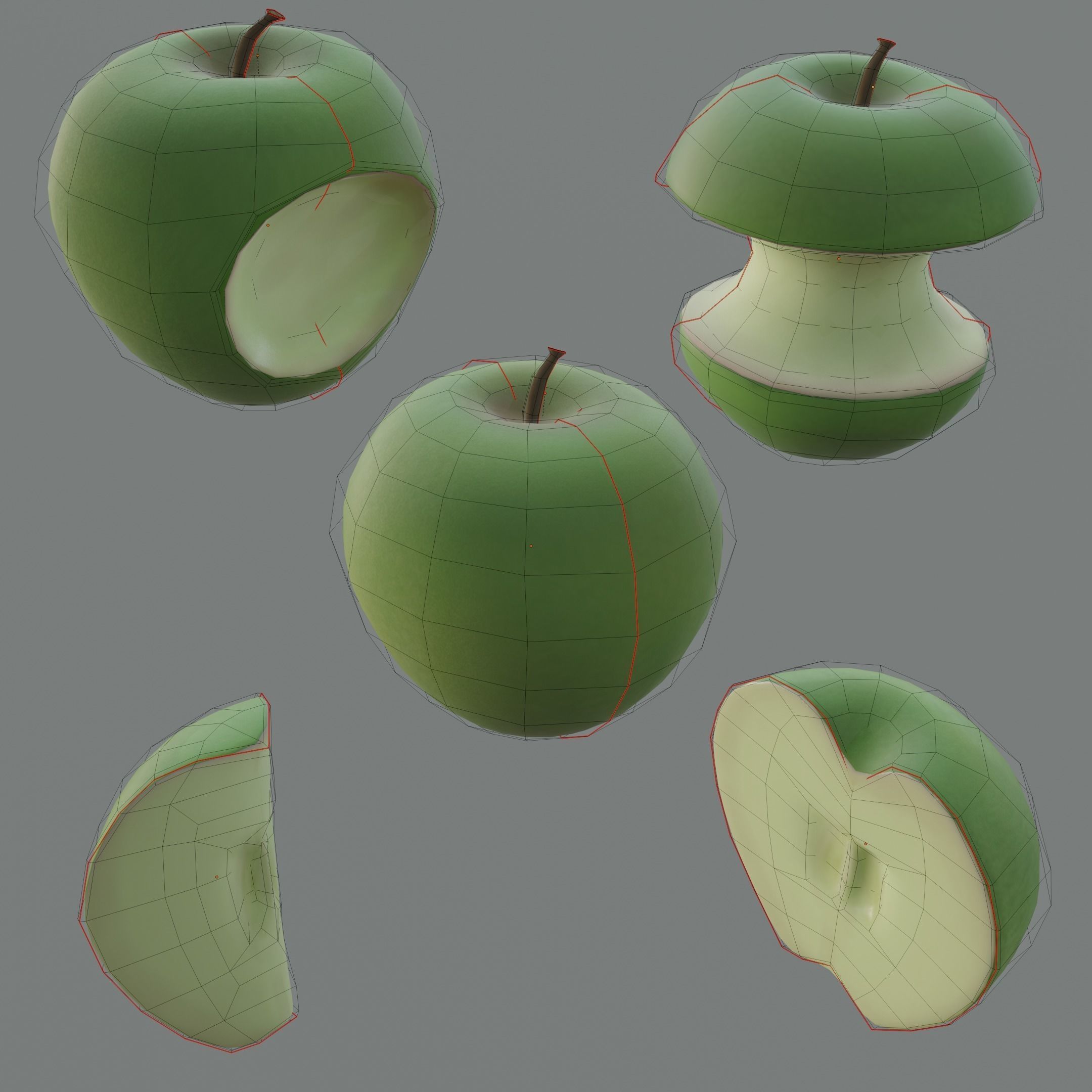 Green Apple Model Set Low-poly 3D model_5