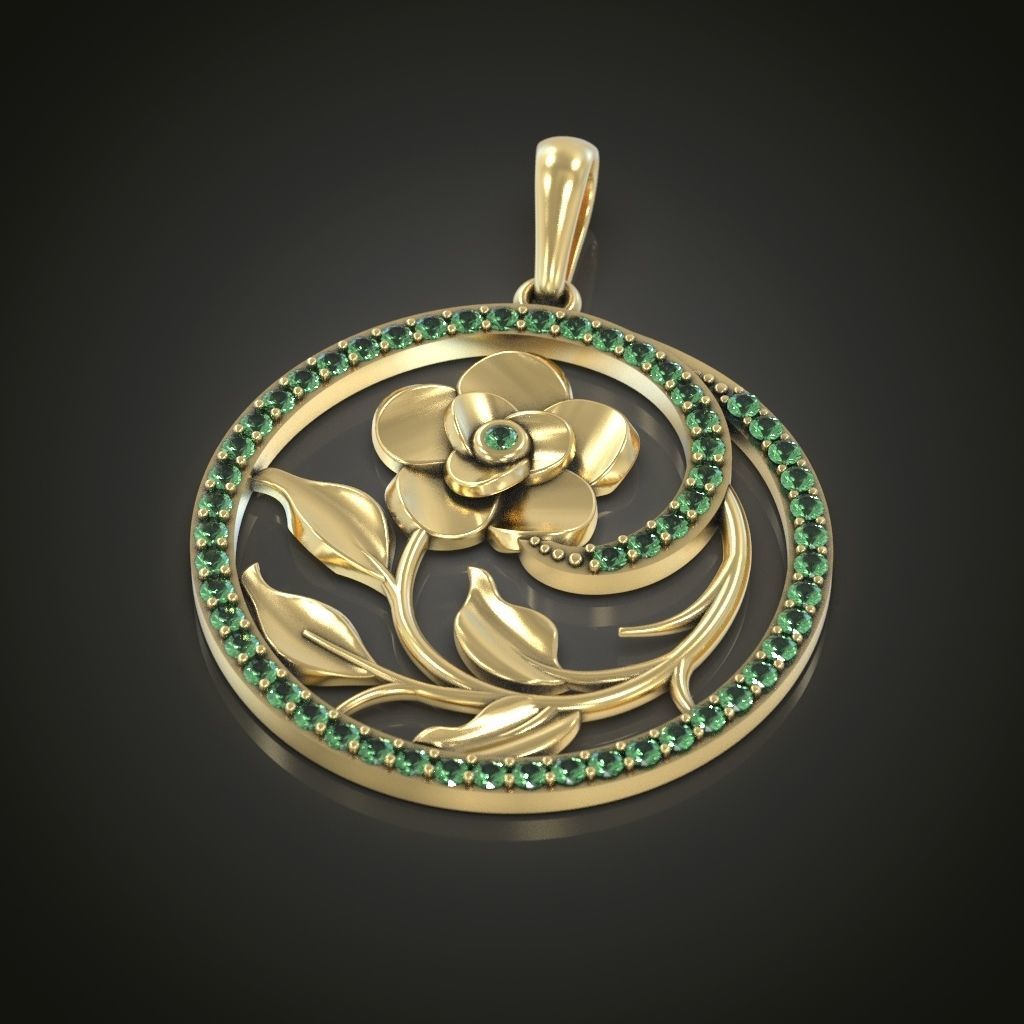 Pendant flower round gems 3D print model_3