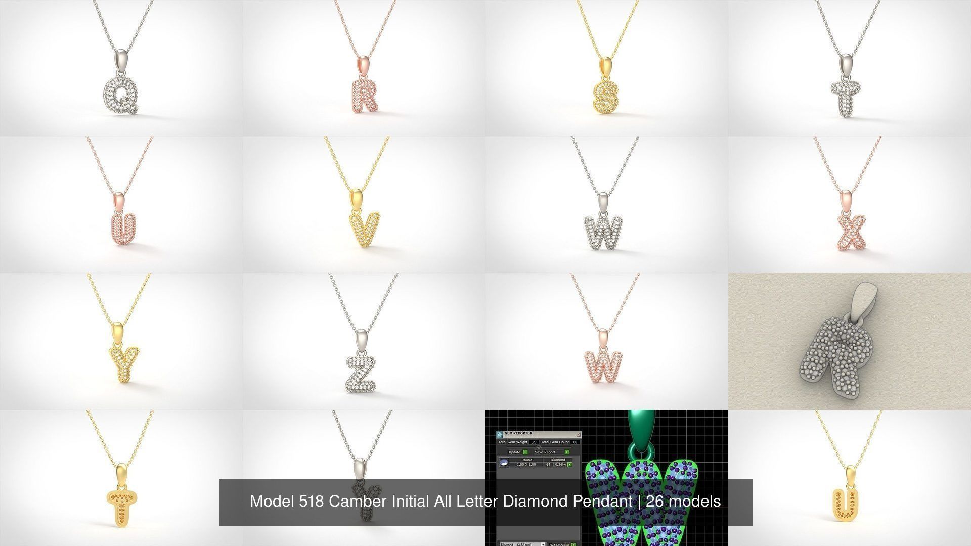 Camber Initial All Letter Diamond Pendant 3D Model Collection_5