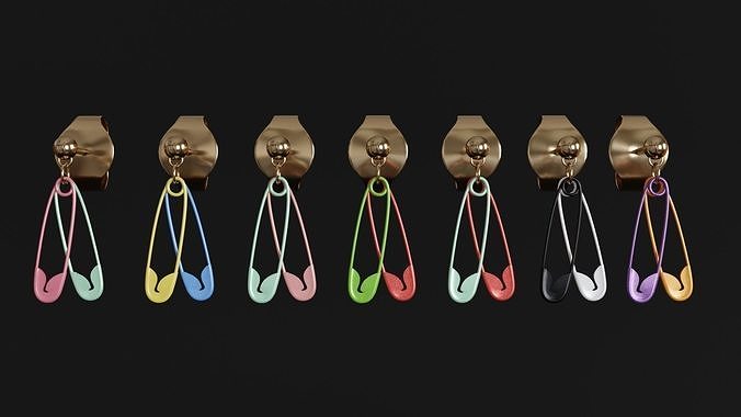Safety pin earrings 7 styles 11 colors v5 3D model