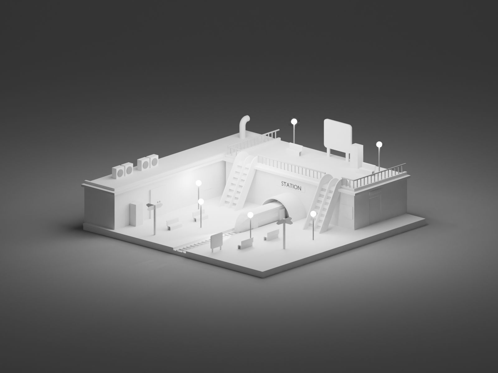 Train Station Isometric Low-poly 3D model_1