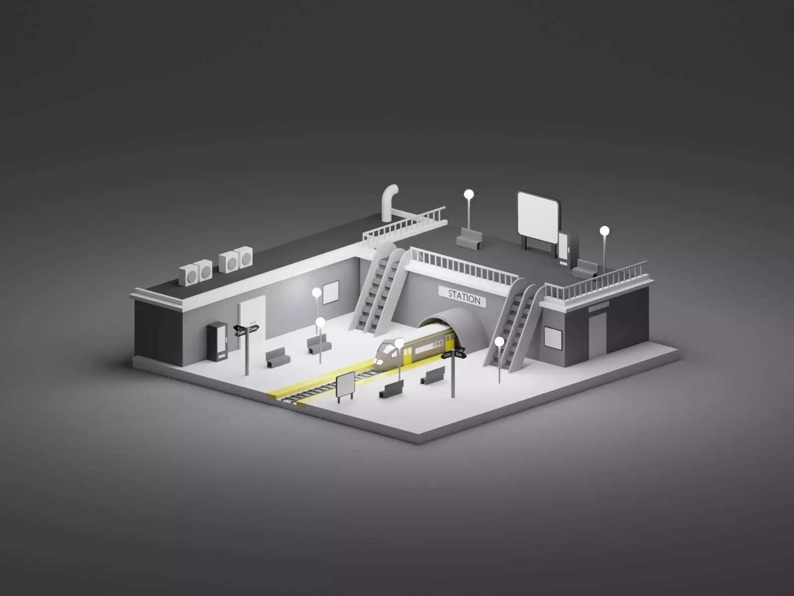 Train Station Isometric Low-poly 3D model_0