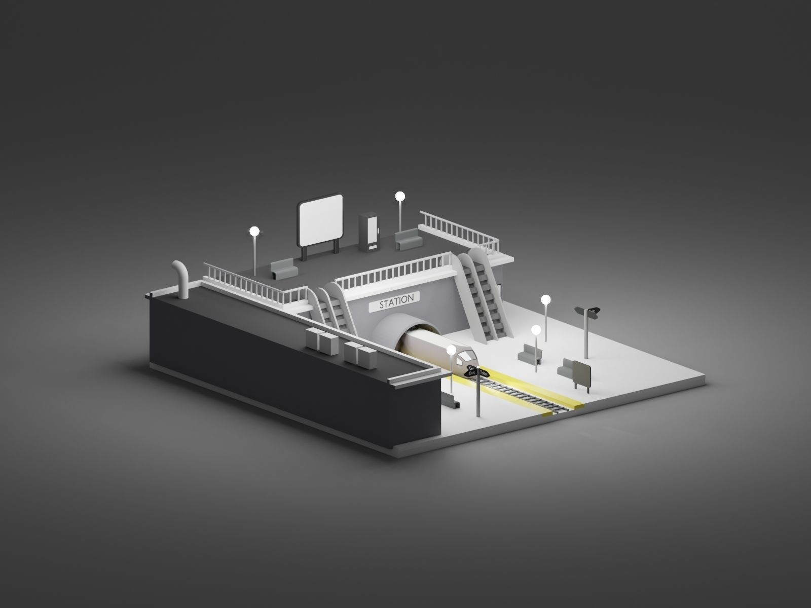 Train Station Isometric Low-poly 3D model_2