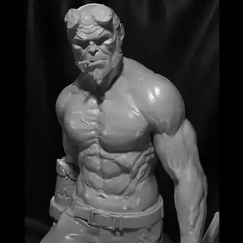 Hellboy statue of demon holding sword