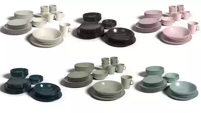 Dinnerware service - plates with bowls and mugs  3D model