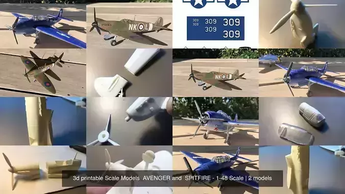 3d printable Scale Models  AVENGER and  SPITFIRE - 1-48 Scale