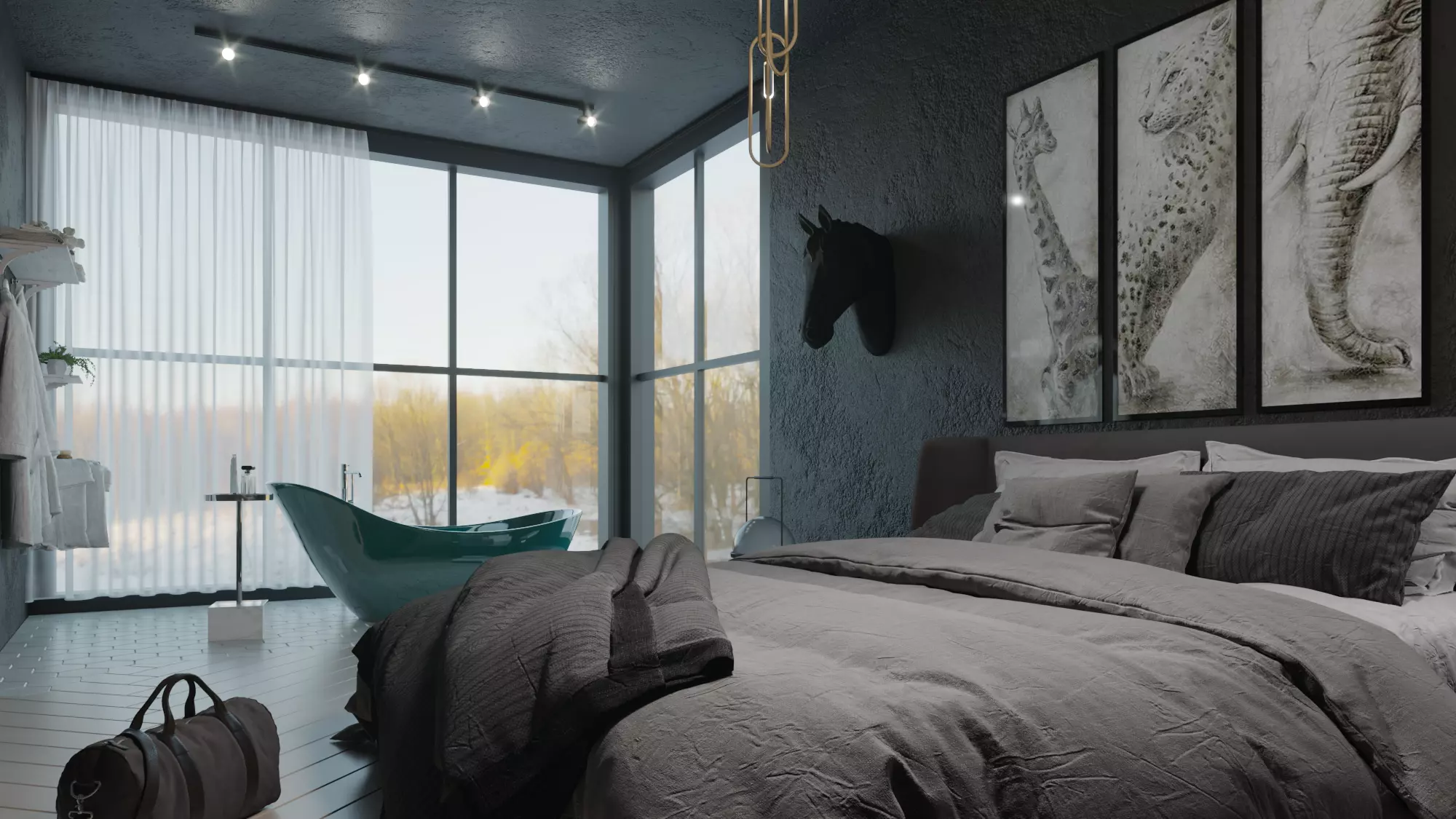 Bedroom-Bathroom modern bedroom with mountains 3D model_0