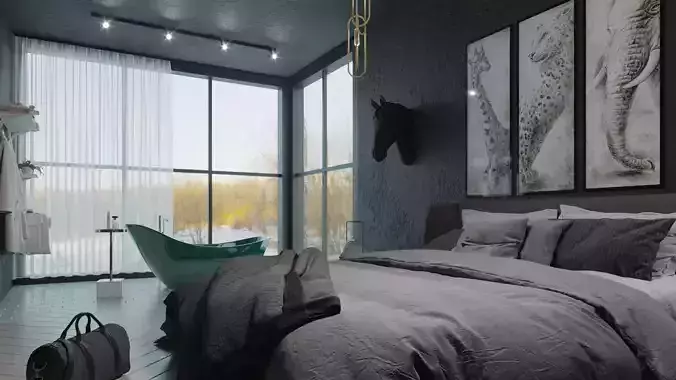Bedroom-Bathroom modern bedroom with mountains 3D model