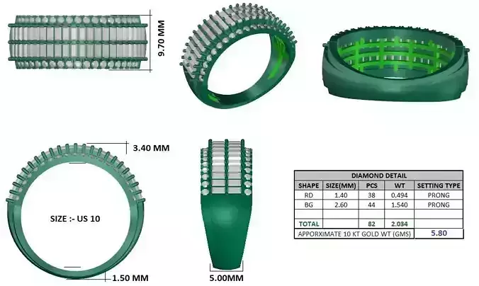 Round and Baguette Gents Ring ready STL model for print