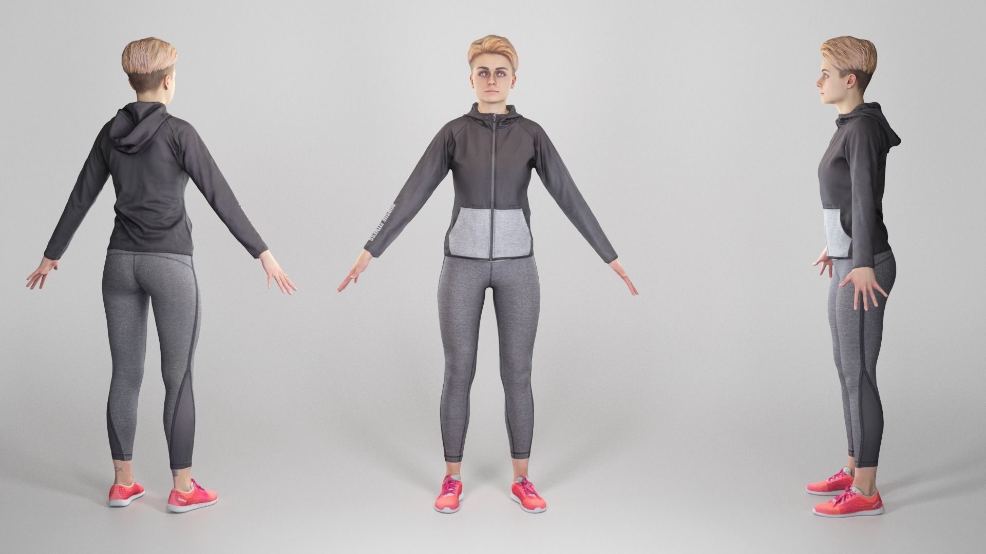 Beautiful young woman in gray sportwear in A-pose 315 Low-poly 3D model_2