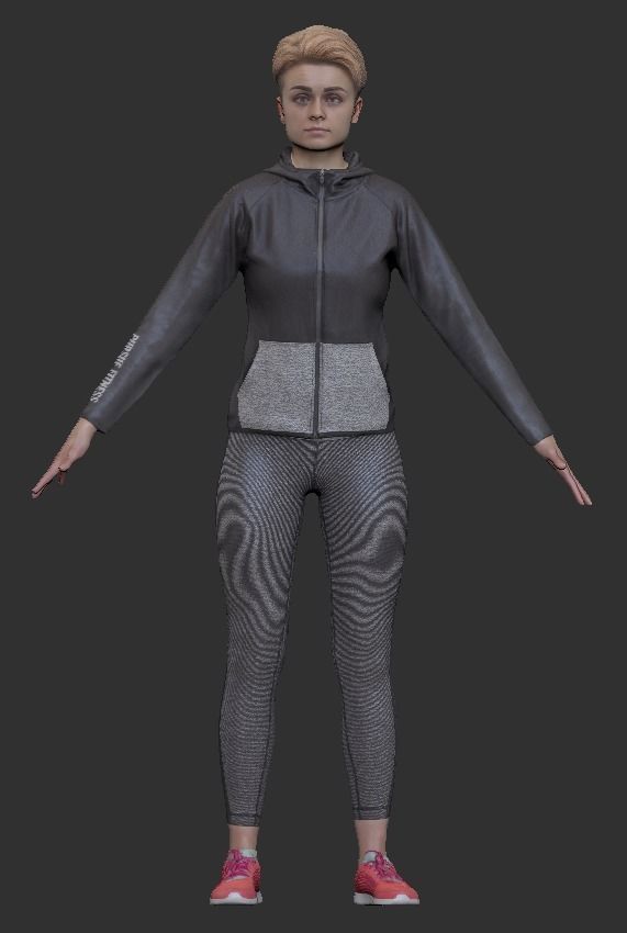 Beautiful young woman in gray sportwear in A-pose 315 Low-poly 3D model_5