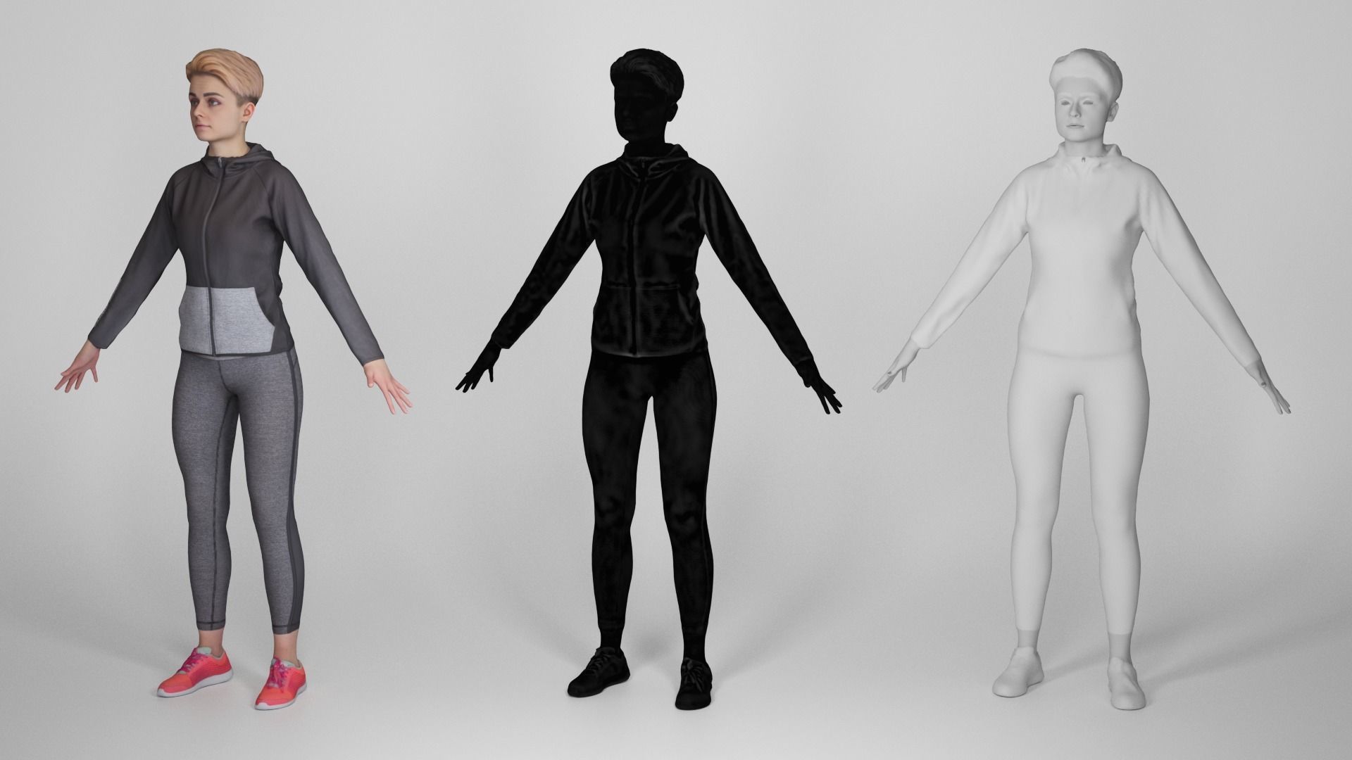 Beautiful young woman in gray sportwear in A-pose 315 Low-poly 3D model_4