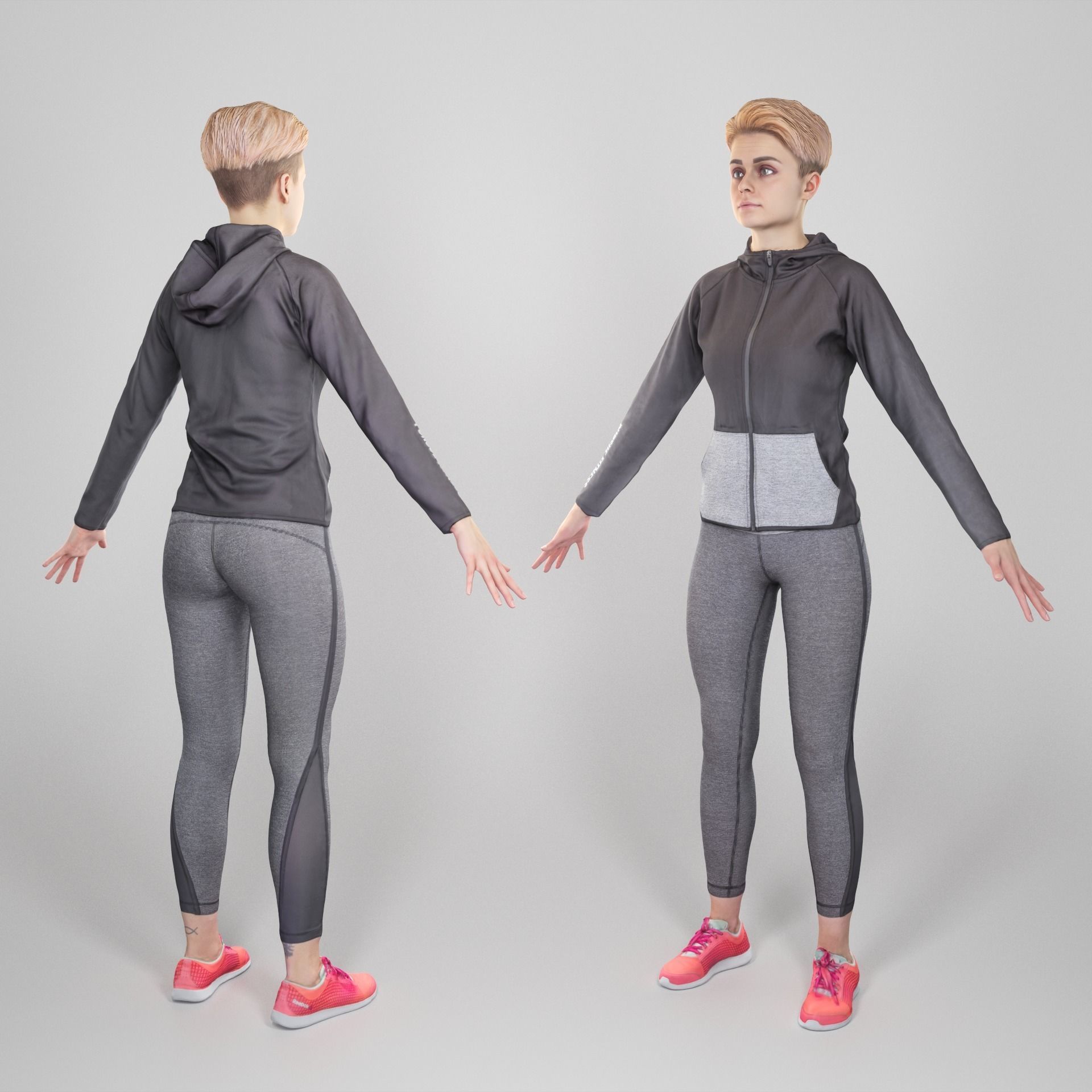 Beautiful young woman in gray sportwear in A-pose 315 Low-poly 3D model_1